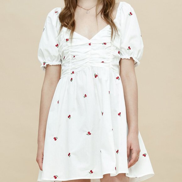 Cider Other - Cider Cherry Embroidery Mini Dress Women's Large Puff Sleeves Twee Cottagecore